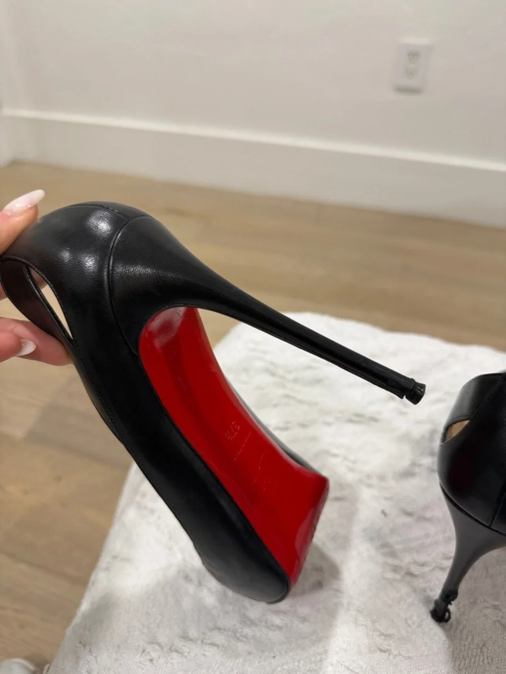 Christian Louboutin Academia Black Leather Peep-Toe Stiletto with Red Sole 37.5 - Picture 6 of 11